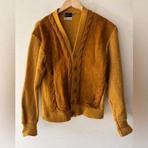 VINTAGE 60s Perth Ltd Mustard Wool Cardigan 2 Ply Wool and Suede‎ Sweater